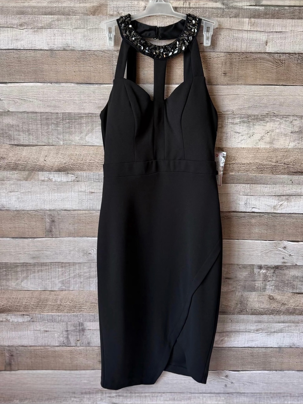 Bisou Bisou Black Beaded Halter Open Back Tulip Hem Cocktail Party Dress NWT Sz4